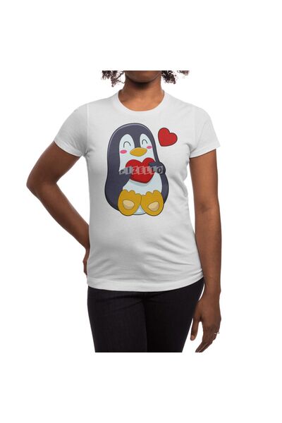 Fizello Penguin Heart Patterned Unisex White T-Shirt
