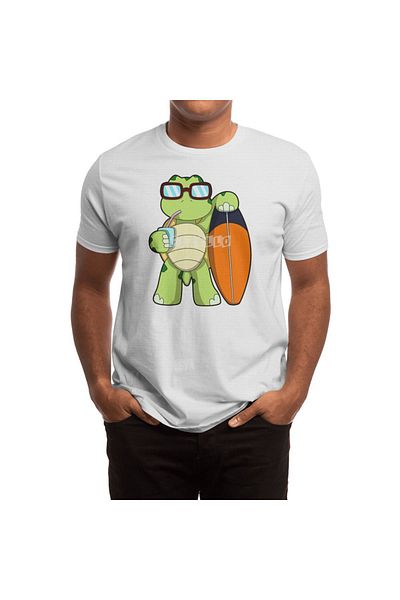 Fizello Ανδρικό και γυναικείο Unisex λευκό μπλουζάκι - Turtle Surfer και Surfboard με λεπτομέρειες