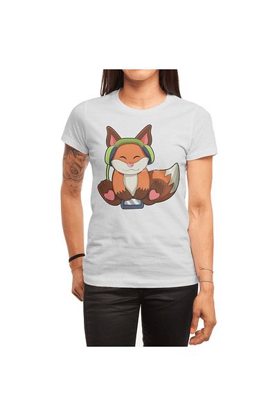 Fizello Fox At Music - Ανδρικό και γυναικείο λευκό μπλουζάκι Unisex με λεπτομέρεια ακουστικού