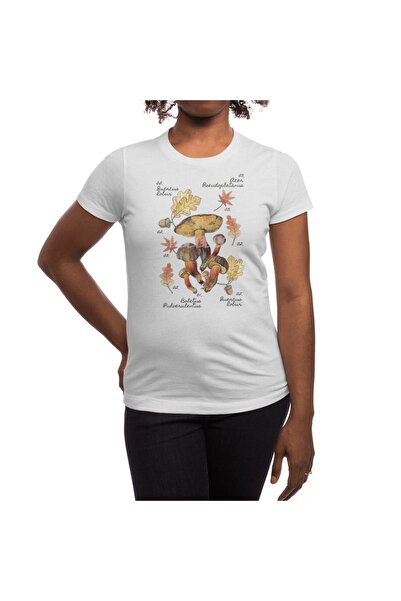 Fizello Tricou alb unisex - Ink Stain Bolete Mushroom, Otoek Leaves and Botanical Illustration
