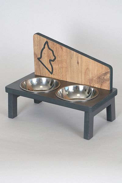 HobiMax Wooden Cat Food and Water Bowl with 2 Steel Bowls