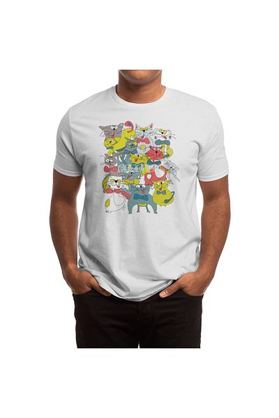 Fizello Tricou alb unisex - Pisici colorate Doodle amuzante, model fără sudură, design de pisici desenate manual