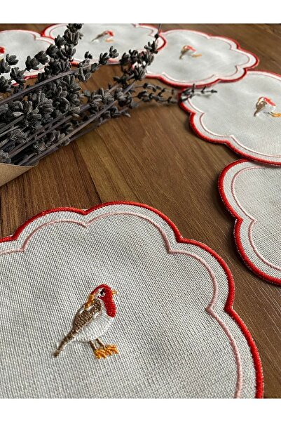 NURHAN HOME COLLECTION 6 Adet Love Birds Keten Kumaş Kırmızı Nakışlı Kahve Yanı Kokteyl Sunum Peçete