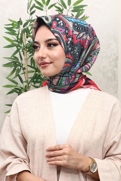 AFVENTE Red Soft Cotton Wavy Pattern Scarf