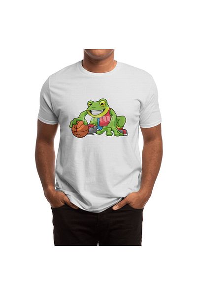 Fizello Λευκό μπλουζάκι για άνδρες και γυναίκες - Frog at Sports avec Basketball Unisex σχέδιο