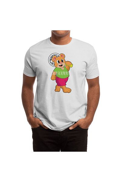 Fizello Men's and Women's White T-Shirt - Bear at Tennis, Tennis Racket Print