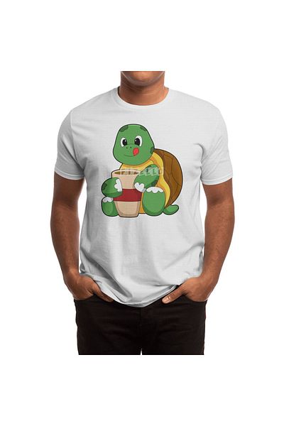 Fizello Λευκό μπλουζάκι Unisex - Turtle With Cup Of Coffee Design