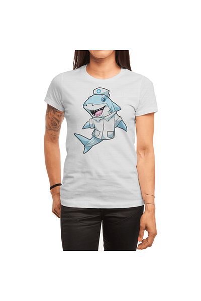 Fizello Tricou alb unisex pentru bărbați și femei - Shark As Nurse With Coat Design