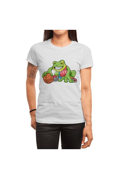Fizello Λευκό μπλουζάκι για άνδρες και γυναίκες - Frog at Sports avec Basketball Unisex σχέδιο