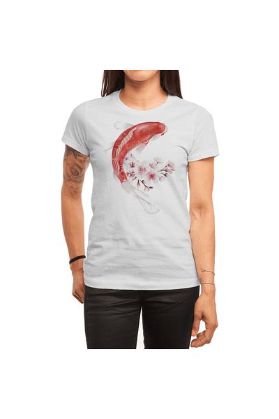 Fizello Tricou alb unisex pentru bărbați și femei - model Koi Fish and Cherry Blossoms