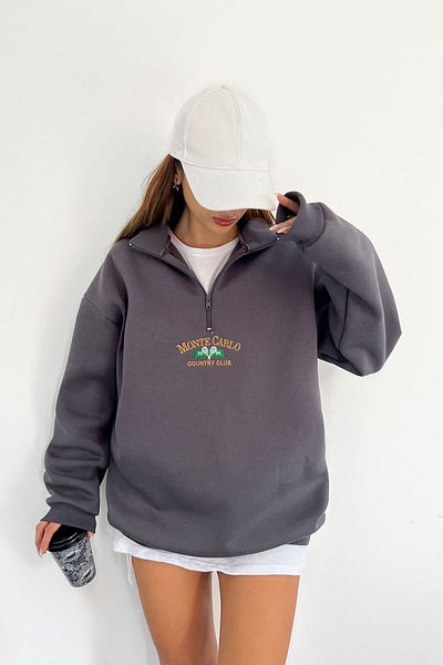 Sun Victoria Unisex Ανθρακί γιακάς Oversize με 3 κλωστές χτενισμένο βαμβακερό κεντημένο φούτερ