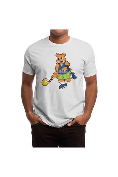 Fizello Men's and Women's Unisex White T-Shirt - Bear at Hockey with Hockey Design