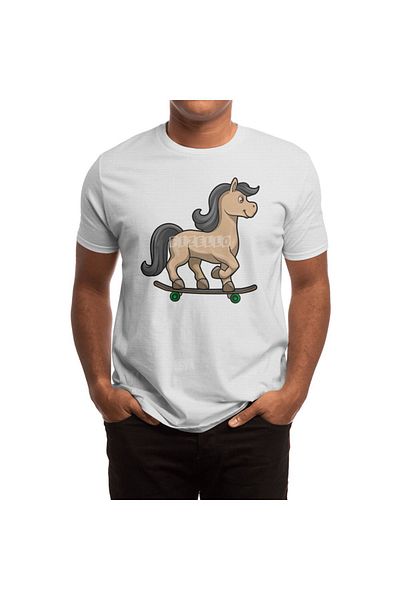 Fizello Λευκό μπλουζάκι για άνδρες και γυναίκες - Horse As Skater With Skateboard Unisex Design