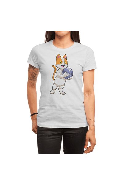 Fizello Ανδρικό και γυναικείο λευκό μπλουζάκι Unisex - Cat at Bowling με σχέδιο μπάλα μπόουλινγκ