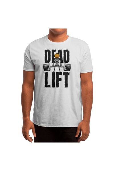 Fizello Λευκό μπλουζάκι Unisex - Γυναικείο μπλουζάκι γυμναστικής Halloween, Deadlift Skeleton και Pumpkin Goth Fitness