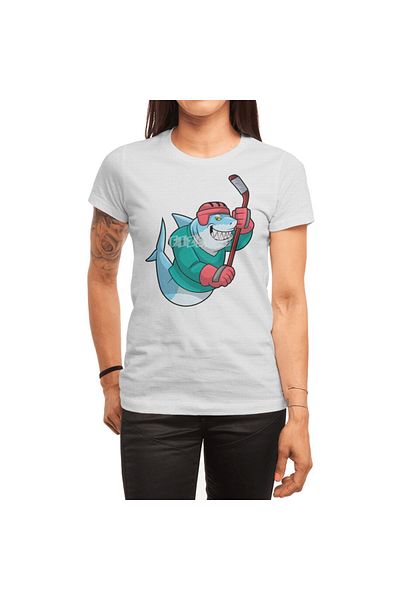 Fizello Unisex White Shark at Ice Hockey T-Shirt - Stick and Helmet Detail