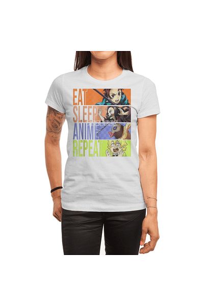 Fizello Λευκό μπλουζάκι Unisex - Graphic Slayer Demon Eat Sleep Anime Repeat