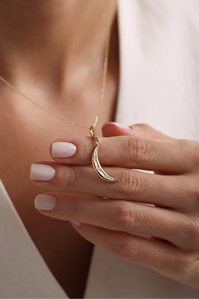 Gianfranco 14 Ayar Altın Taşlı Hilal Ay Kilitli Charm Kolye