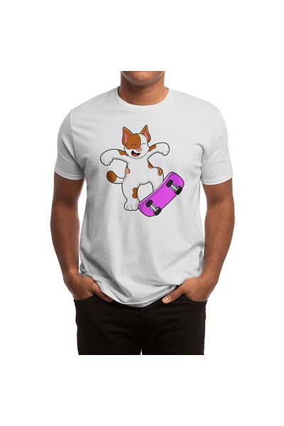 Fizello Λευκό μπλουζάκι για άνδρες και γυναίκες - Cat As Skater με λεπτομέρεια Skateboard