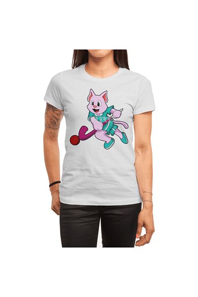 Fizello Men's and Women's White T-Shirt - Cat at Hockey Avec Hockey Stick