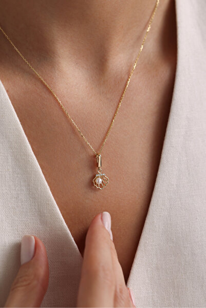 Gianfranco 14 Ayar Altın İnci & Deniz Kabuğu Shell Kilitli Charm Kolye Ucu