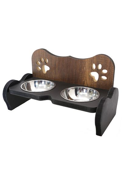 HobiMax Wooden Paw Pattern Cat Food and Water Bowl with Steel Bowl