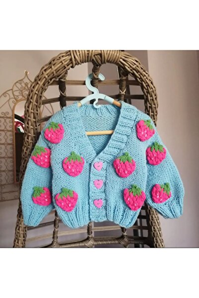 El örgüsü Baby Girl and Child Hand Knitted - Strawberry Detailed Cardigan