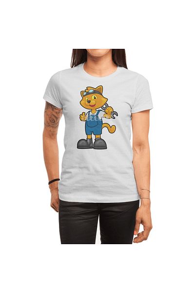 Fizello Λευκό μπλουζάκι Unisex - Cat As Mechanic με σχέδιο Spanner
