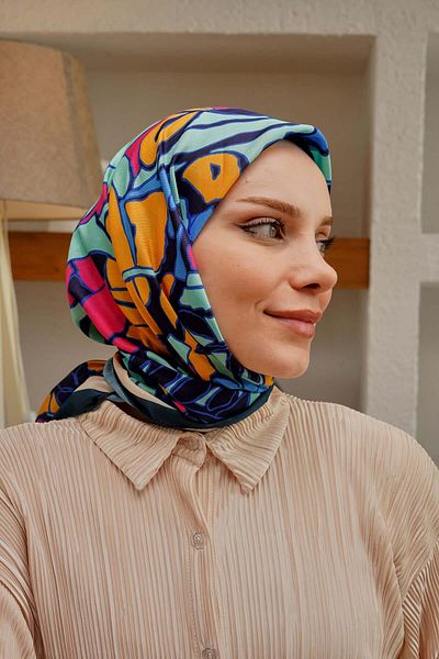 AFVENTE Leaf Pattern Blue Soft Cotton Scarf
