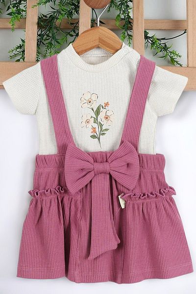 Ege Bebek 9-24 Months Baby Girl with Ribbed Summer Bow Detail Salopeet Dress and Inner T-Shirt Set