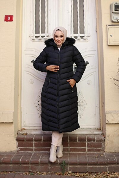 HARMAN BUTİK Γυναικείο Φουσκωτό Παλτό με Τσέπες και Κουκούλα - Φερμουάρ