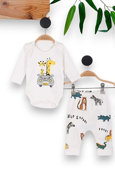 Ege Bebek 0-9 Months Baby Boy Set - Natural Cotton with Safari Print, Snap Fasteners and Bottom