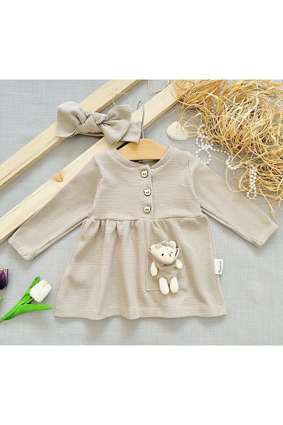 Ege Bebek Baby Girl Teddy Bear Accessory Bandana Knitwear Quilted Patterned Wooden Patterned Seasonal Dress