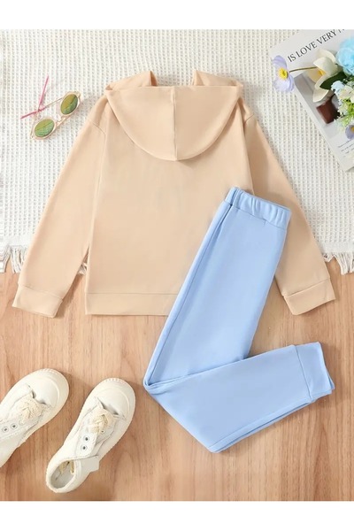 QUEENSTOWN Μπεζ/Μπλε Καλιφόρνια με στάμπα - Γυναικεία φόρμα με κουκούλα, 3 νήματα