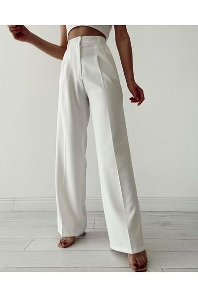 ekimoz Women's White High Waist Palazzo Trousers