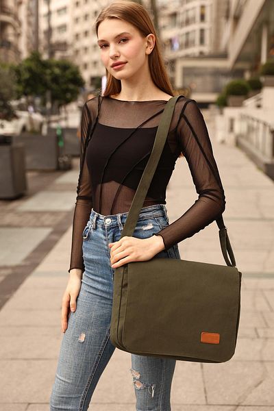 Unique Women's Khaki K8 Plain Postman Model 3 Compartment Strap Daily Unisex Arm and Shoulder Bag L:28 E:35 W:7