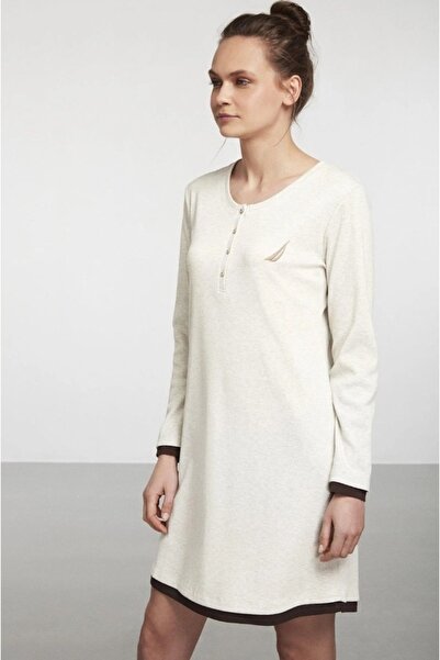 DREAM FASHION Beige Knitted Nightgown with Piping Detail