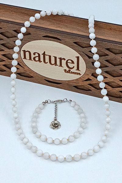 Naturel Tılsım Natural Moon Stone Bracelet Necklace Set