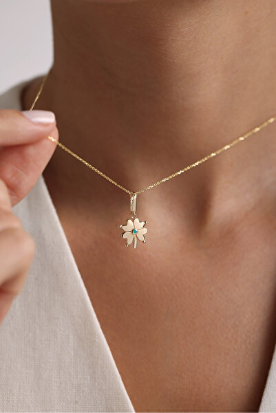 Gianfranco 14 Ayar Altın Mavi Mineli Yonca Kilitli Charm Kolye Ucu