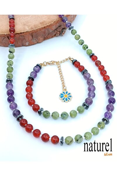 Naturel Tılsım Amethyst-Agate-Canada Jade Natural Stone Necklace
