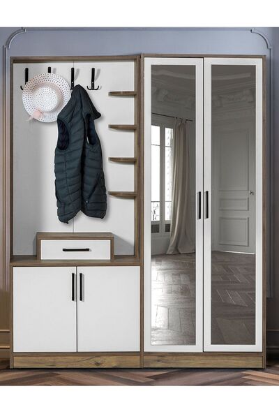 Moderniya Mobilya Loft 2 (iki) Kapılı Krem Ceviz Sağ Aynalı Elbise Askılığı Kapaklı Ayakkabılık, Vestiyer, Portmanto