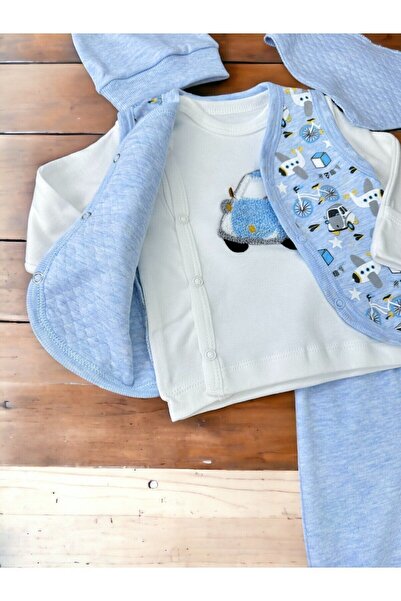 Ege Bebek Erkek Bebek Nakışlı, Yelekli, Önlüklü, Şapkalı, Kendinden Eldivenli 5 Parça Hastane Çıkışı Zıbın Set