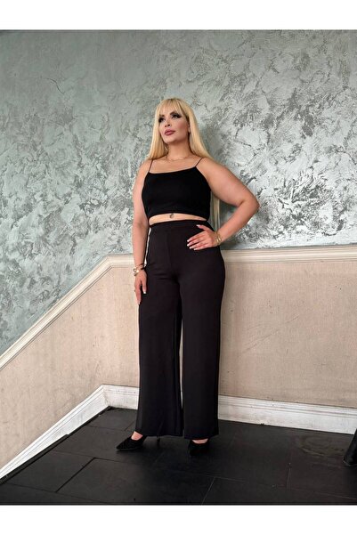 Butik Nilyam Flexible and Elastic Waist Women's Twist Pants - Black 24163 Plus Size