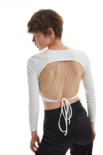 Quzu Cut Out Zincirli Crop Bluz Ekru