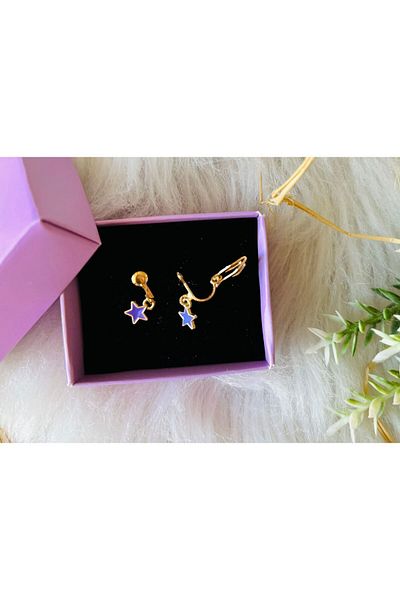 1PARÇAMAVİ Children's Earrings with Mini Star Pinch Clip - Earrings Without Hole