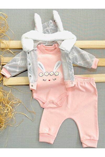 voyyo kids baby طقم زيبين مطرز بأذن أرنب للفتيات الصغيرات مكون من 3 قطع