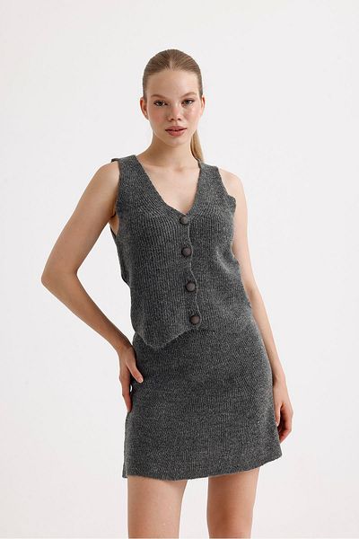 fujya Women's Stylish Buttoned Anthracite Vest Skirt Set