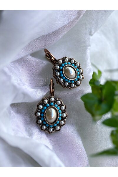 FAYRA ACCESSORIES İnci ve Turkuaz Taşlı Küpe