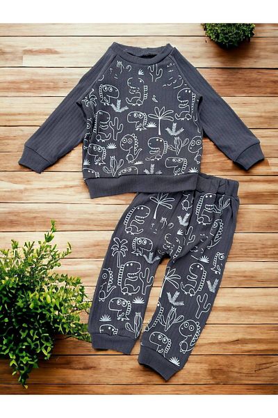 voyyo kids baby Baby Boy Set Crew Neck Seasonal Long Sleeve Dinosaur Printed Corduroy Top and Bottom Baby Set