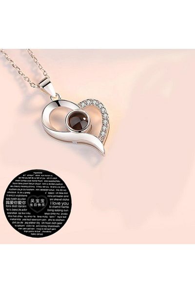 AlpCollection I Love You in 100 Languages Gray Heart Chain Projection Necklace